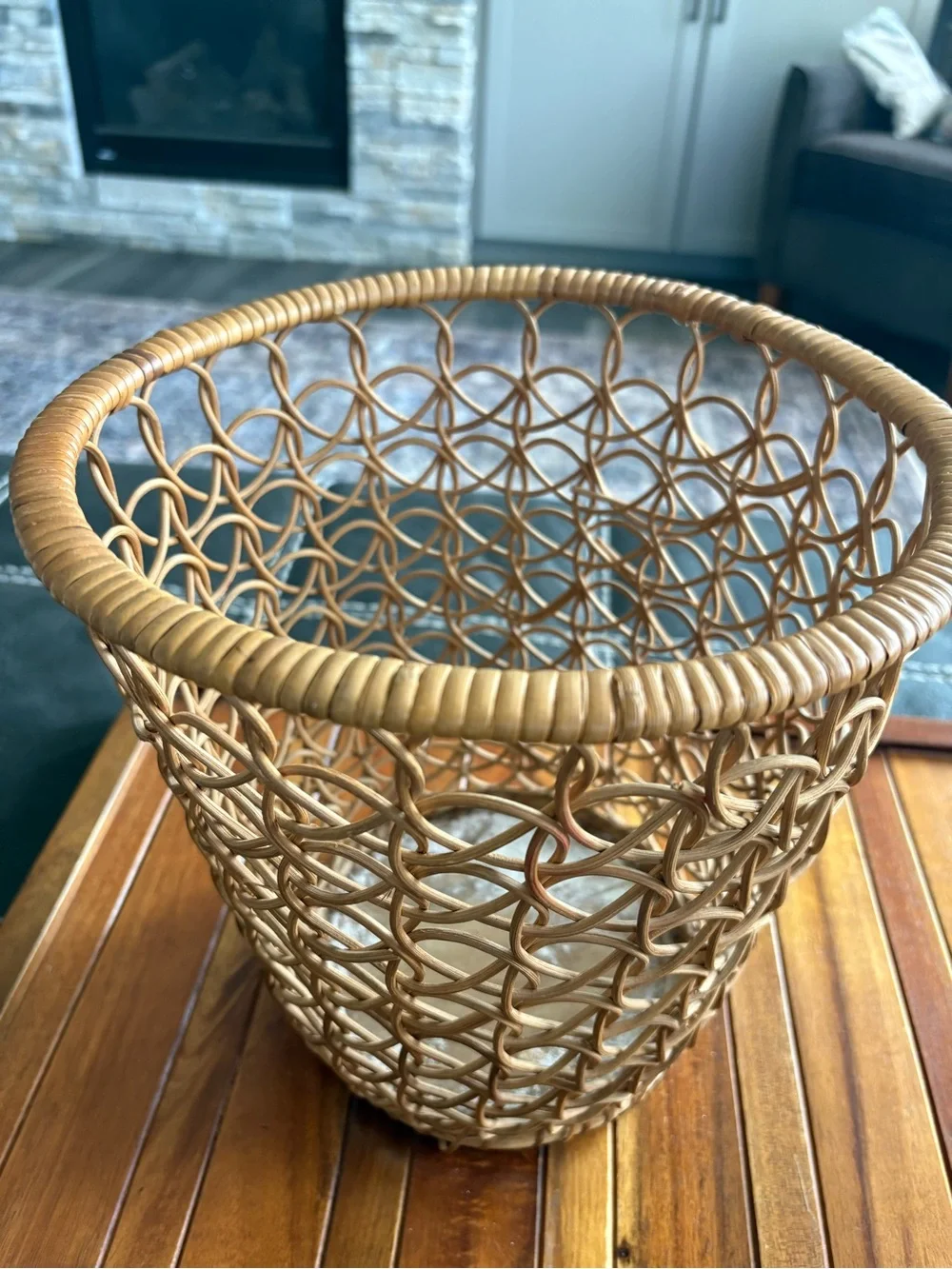 Vintage Handwoven Rattan Accent Basket in Tan Boho Cottage